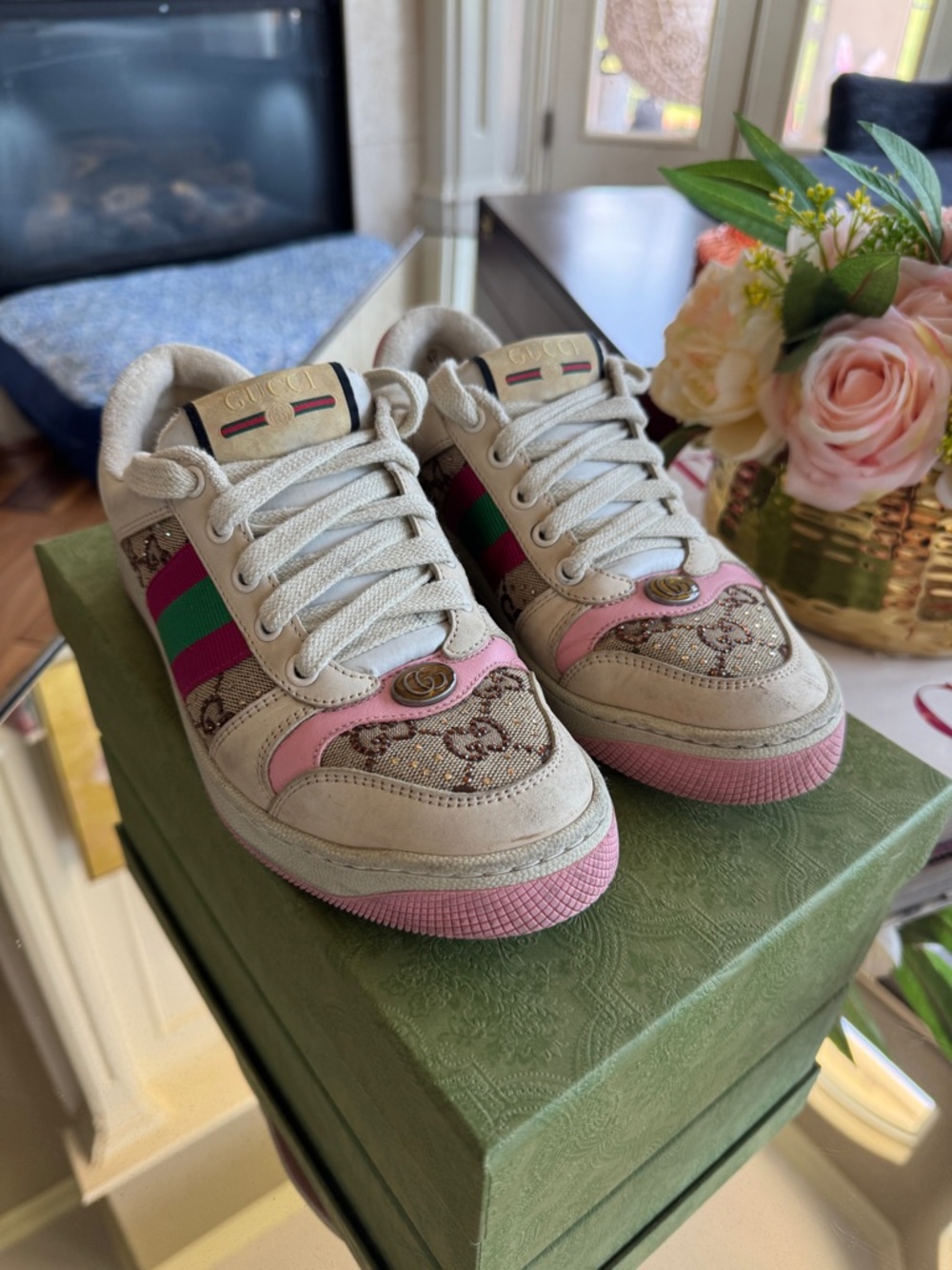 Gucci Screener GG Crystal Embellished Sneakers Pink Size 37
